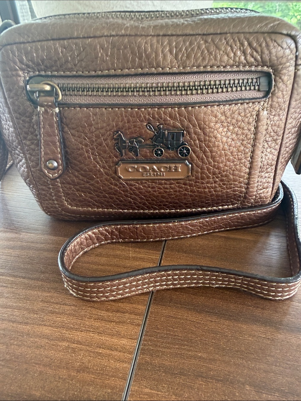 Coach Mini Cuervo Camera Crossbody Metallic Pebbled Leather.